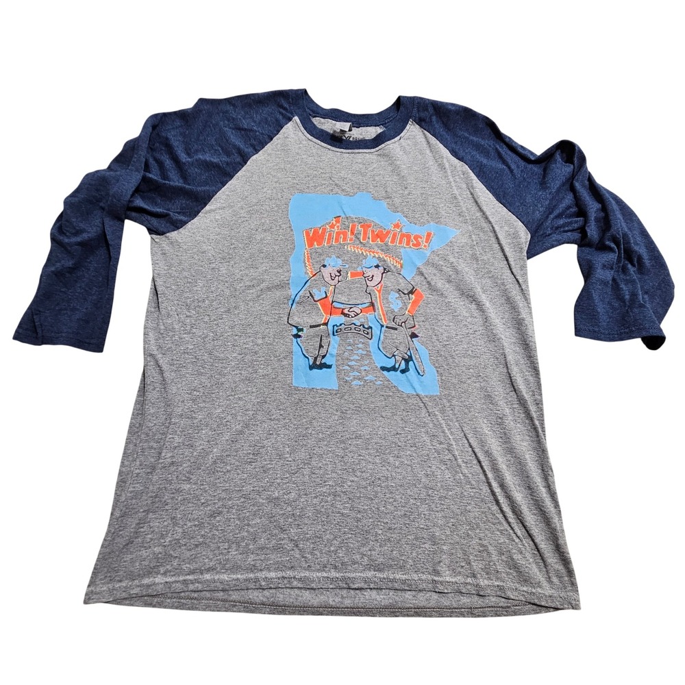 Vintage Brand‎ Minnesota Twins Baseball Tee Large Grey Navy Raglan 3/4 Sleeve